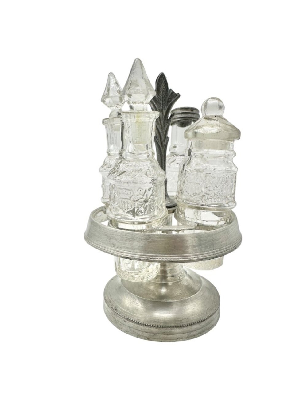 Antique Childrens Tableware Castor Cruet Set - 4 Ornate Glass Bottles and Stand